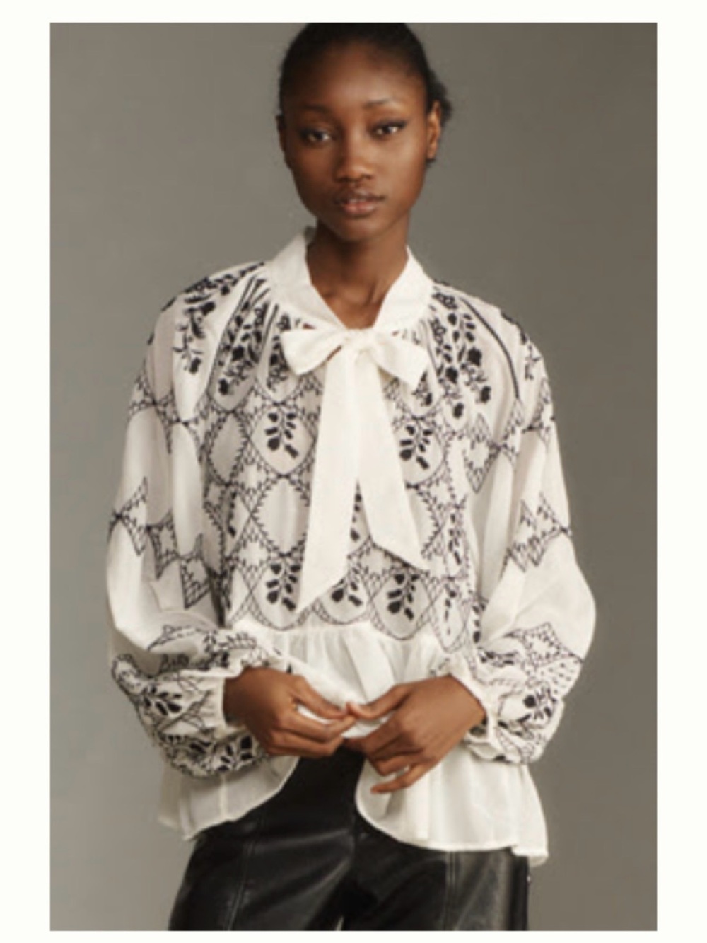 Anthropologie Tie-Neck White Blouse with Black Embroidered Lace & Bow